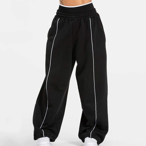 Pantalon de survêtement ample pour homme, noir, 100% coton molletonné, épais, respirant, taille élastique, avec bande latérale, style sportif - Product Image 2