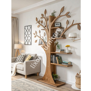 Natural Oak Wood Tree Shaped Floor Standing Bookshelf Artistic Decorative Branch <b>Wall</b> Display Rack - Product Image 6