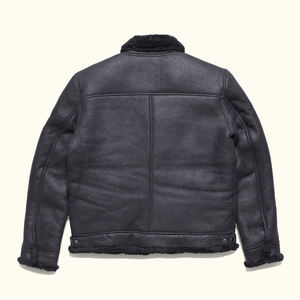 Men Black Shearling Collar Leather <b>Jacket</b> Winter Warm Aviator Bomber Zip Up Genuine Leather Flight <b>Jacket</b> OEM Wholesale - Product Image 2