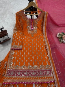 Vestido de Novia de Diseño Moderno, Hermoso, Rosa Dorado, Bordado a Mano, de Secado Rápido, Tradicional Indio, Exquisito, de Faux Georgette, de Pakistán - Product Image 5
