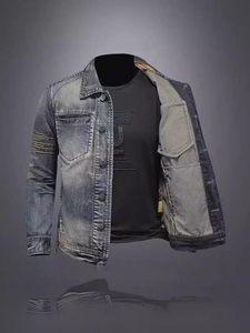 Best Quality <b>Men's</b> Distressed Denim <b>Jacket</b> Embroidered Sleeves Vintage Acid Wash Button Down Jean <b>Trucker</b> <b>Jacket</b> Coat OEM - Product Image 2