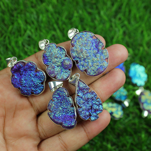 Natural <b>Titanium</b> Coated Druzy Gemstone Bezel Pendant Silver Plated Brass Jewelry Simple Boho Necklace Wholesale Jewelry - Product Image 5