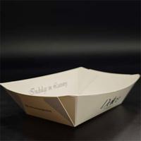 Barquette alimentaire jetable blanche personnalisable avec logo, pliable, résistante à la graisse, avec revêtement PE, pour frites, nachos et fêtes