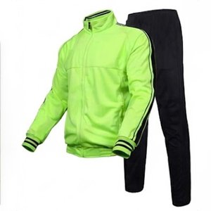 Ensembles de survêtements vert néon pour hommes : vestes zippées à col montant et pantalons de jogging noirs – Sportifs, tricotés en polyester respirant pour l'automne - Product Image 3
