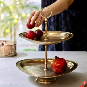 Two Tiered Steel Serving Tray <b>Set</b> Triangle Shape Engraved Floral Design Traditional Decorative Stand Handle - Product Image 4