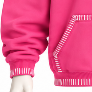 เสื้อฮู้ดดี้สีชมพูสด แต่งขอบเย็บแบบดิสเทรส ทรงโอเวอร์ไซส์ พร้อมกระเป๋าจิงโจ้ ตัดเย็บด้วยด้ายตัดสี สไตล์สตรีทแวร์ลำลอง - Product Image 5