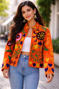 Reversible Quilted Eco-Friendly Breathable Winter Knitted Boho Orange Suzani Velvet Embroidered <b>Mandarin</b> <b>Collar</b> Bomber <b>Jacket</b> - Product Image 2