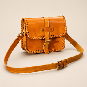Handcrafted Tan <b>Leather</b> Crossbody Bag Vintage Satchel Purse With Braided Stitching Adjustable Shoulder Strap - Product Image 3