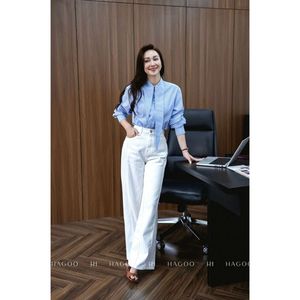 Q746 <b>White</b> High Waist <b>Wide</b> <b>Leg</b> Breathable Casual Washed Denim Loose Fit 4 Pocket Full Length <b>Women</b> <b>Trousers</b> - Product Image 4
