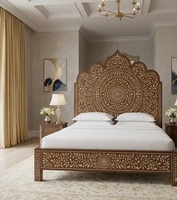 Lit en bois marocain sculpté avec incrustations de os, cadre de lit King Size pour hôtel, appartement, maison