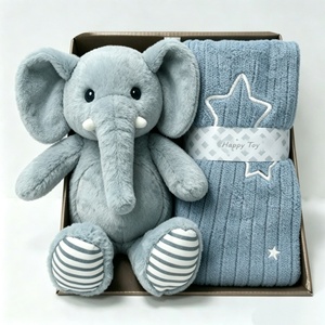 Customized Grey Blue <b>Elephant</b> Plush Puppet Toy 5-7 Years Baby <b>Gift</b> Set with PP Cotton Filling Mesh Lining Baby Blanket - Product Image 1