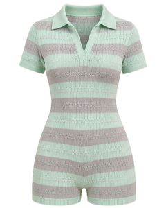 Mono de punto a rayas verde menta y gris para mujer, manga corta, cuello polo, algodón, informal de verano, de una pieza, ajustado, personalizado - Product Image 5