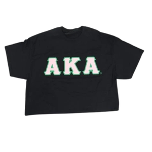 เสื้อยืดคอกลมสีดำ AKA Greek Tee พร้อมตัวอักษร AKA Chenille สีขาวและชมพู เสื้อแฟชั่นลำลองสำหรับผู้หญิง - Product Image 1