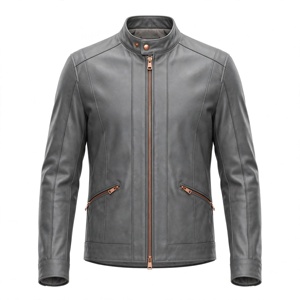 Veste Moto Casual en Cuir Véritable Noir pour Homme, Imperméable, Col Debout, Fermeture Éclair, Coupe Slim, Longueur Classique, Couleur Unie, Hiver - Product Image 1
