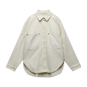 Camisa vaquera casual de mujer para otoño/invierno con pedrería, cuello vuelto, manga larga y corte cropped - Product Image 1