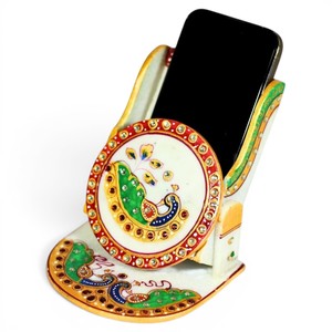 Support de téléphone portable en marbre artisanal |   Support de téléphone décoratif à motif paon |   Support de bureau en marbre pour smartphones et tablettes - Product Image 3