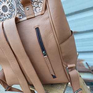Genuine Leather <b>Backpack</b> With <b>Floral</b> Embossing Tan Color Bohemian Style Zipper Closure Daily Use Women's Bag - Product Image 2