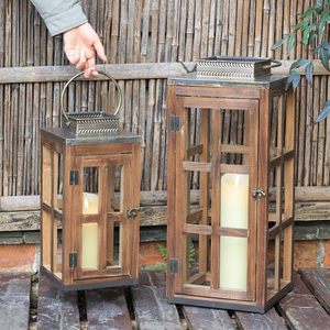 Outdoor Wooden <b>Lantern</b> <b>Set</b> Decorative Candle Holder <b>Lantern</b> with Glass Panels Rustic Garden and Patio Decor - Product Image 4