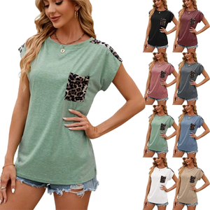 Women's Short Sleeve T-Shirt O-Neck Loose Fit Leopard <b>Patchwork</b> Pocket Casual Spring Summer 100% Cotton Knitted <b>Top</b> - Product Image 1