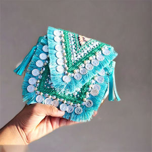 Boho Handmade Jute <b>Clutch</b> with Square Beading Fashionable <b>Wedding</b> Party <b>Bag</b> - Product Image 1