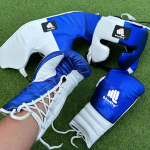 Customized Professional Boxing Set High Quality White Blue Leather Training Gear With Full Face Head & Groin Guard Boxing Gloves - Product Image 2