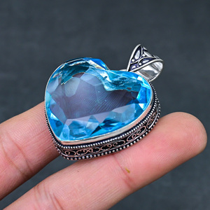 Venta al por mayor de colgantes de plata de ley con topacio azul suizo creado en laboratorio, en forma de corazón, para mujer. - Product Image 3
