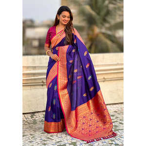 Violet Soft Silk Saree with Intricate Flower Butta Meenakari Zari Woven Design Elegant <b>Prom</b> <b>Dresses</b> by Elite Weaves - Product Image 1