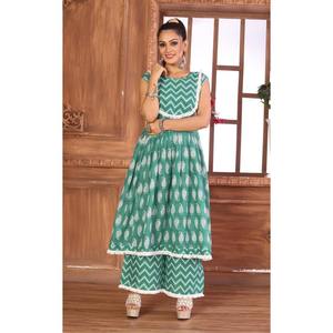 COTON CRÉATEUR IMPRIMÉ KURTI AVEC PALAZZO VERT MER - Product Image 1
