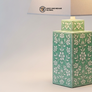Lámpara de Mesa Rectangular Decorativa de Lujo con Incrustaciones de Hueso Verde Hechas a Mano, con Patrón Floral y Pantalla de Tela - Product Image 5