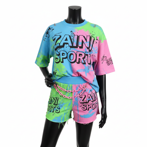 Ensemble T-shirt et short pour femme en jersey de coton premium 180 GSM, avec empiècements color block et logo personnalisé sérigraphié - Product Image 1