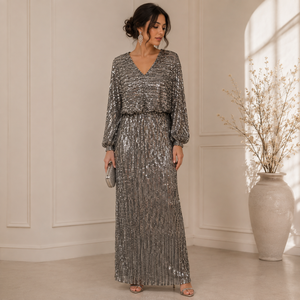 Women Silver <b>Sequin</b> Maxi Dress V Neck Long Sleeve Sparkle Evening Gown Elegant Party Cocktail Wedding Formal Prom Luxury Fashion - Product Image 3