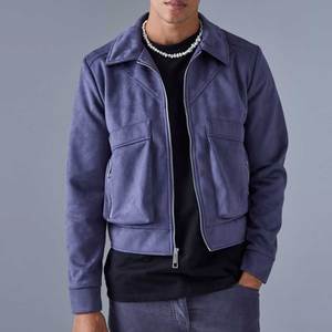 Chaqueta Bomber de Gamuza Azul Marino para Hombre con Cierre de Cremallera, Cuello Camisero, Estilo Casual para Otoño, Corte Regular, Color Sólido - Product Image 4