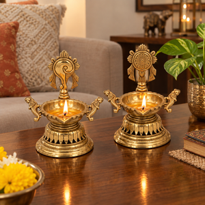 Handcrafted Brass Shankh Chakra Diya Set Decorative Back Oil Lamp Stand for Home Temple <b>Mandir</b> Puja Traditional Diwali Decor - Product Image 3