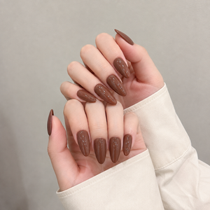 Moyen Amande Ongles Acrylique Pré-conçu Doigt Brun Moka/Cacao Taupe Couleur Solide Croissant Glow - Product Image 6