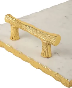 Luxury White Marble Serving Tray with Gold Metal Handles Classic Multifunctional <b>Desk</b> & Living Room Storage Organizer - Product Image 3