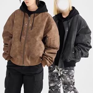 Blouson bomber unisexe noir en PU, à capuche, fermeture éclair, épais, coupe-vent, décontracté, pour l'hiver, longueur normale, couleur unie - Product Image 3