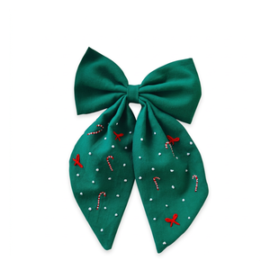 Green Fabric Hair <b>Bow</b> <b>Clip</b> for Girls Christmas Embroidered Ribbon <b>Bow</b> Hair Accessory Kids Party Wear Festive Hair <b>Clip</b> Style - Product Image 1