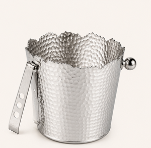 Seau à glace en argent martelé avec pinces, seau à champagne en acier inoxydable à bord ondulé moderne, bol refroidisseur à vin pour hôtels et bars - Product Image 1