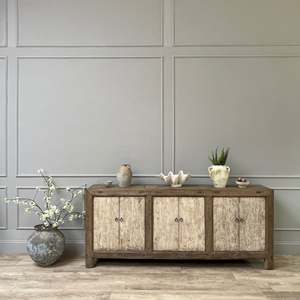 Antique Elm Cupboard Rustic <b>Wooden</b> <b>Storage</b> <b>Cabinet</b> Three Door Distressed Finish Farmhouse Sideboard Vintage Home Furniture - Product Image 1