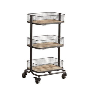 Carrito de Almacenamiento Rodante de 3 Niveles con Superficie de Madera, Cestas Metálicas Extraíbles Blancas, Estante de Almacenamiento para Cocina con Ruedas para el Hogar - Product Image 4