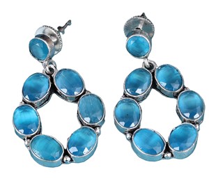 Trade Assurance Bohemian Blue Cat Eye Stone Oval Loop Earrings for Women | Handmade Oxidized Silver Brass Jewelry - Product Image 1