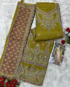 Colección de Salwar-Suit-Dupatta de calidad premium en muselina de viscosa con estampado digital y trabajo manual y Aari, semicosturado, para mujer. - Product Image 4