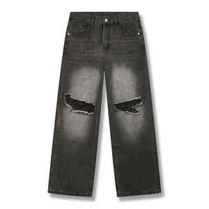 Jean déchiré pour homme, délavé à l'acide, style Monkey Wash, avec trous, en denim vintage noir, coupe baggy - Product Image 1
