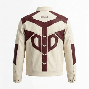 Chaqueta de Cuero y Lona con Parches Color Crema y Borgoña, Cuello Alto, Estilo Motociclista, para Hombre, Fabricante OEM - Product Image 2