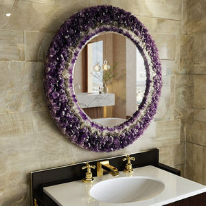 Miroir moderne de luxe en améthyste, cadre en pierre naturelle, décoration de coiffeuse, pièce maîtresse pour espace spirituel, fait main, lumineux, éco-responsable, pour la guérison - Product Image 1