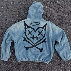 Sweat à capuche vintage personnalisé en denim, coupe ample, en coton épais délavé, avec fermeture éclair, style streetwear décontracté - Product Image 2