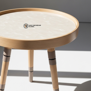 Artisan Tripod Wooden <b>Stool</b> Luxury Cream Marble-Effect Side <b>Table</b> Modern Tapered Leg Accent Furniture - Product Image 2