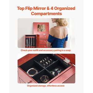 Armario de Madera para Joyas con Espejo Abatible, 4 Cajones Espaciosos y 4 Compartimentos Superiores de Almacenamiento, Elegante Organizador de Joyas - Product Image 4