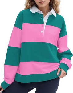Polo à manches longues pour femme, tricoté, décontracté, à blocs de couleur, rayé vert et rose, longueur standard - Product Image 1