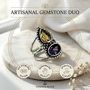Anillo de Amatista y Citrino: Plata de Ley 925, Joyería Artesanal con Piedras de Nacimiento Dobles - Product Image 6